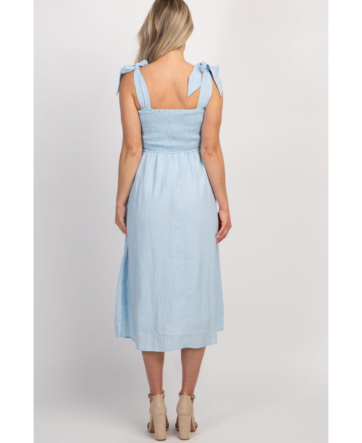 Women's Light Blue Strap Tie Smocked Dress