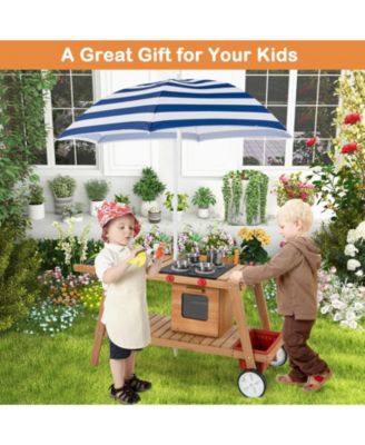 Kid's Play Trolley Outdoor Wooden Kids Play Cart with Sun Umbrella for Toddlers 3+