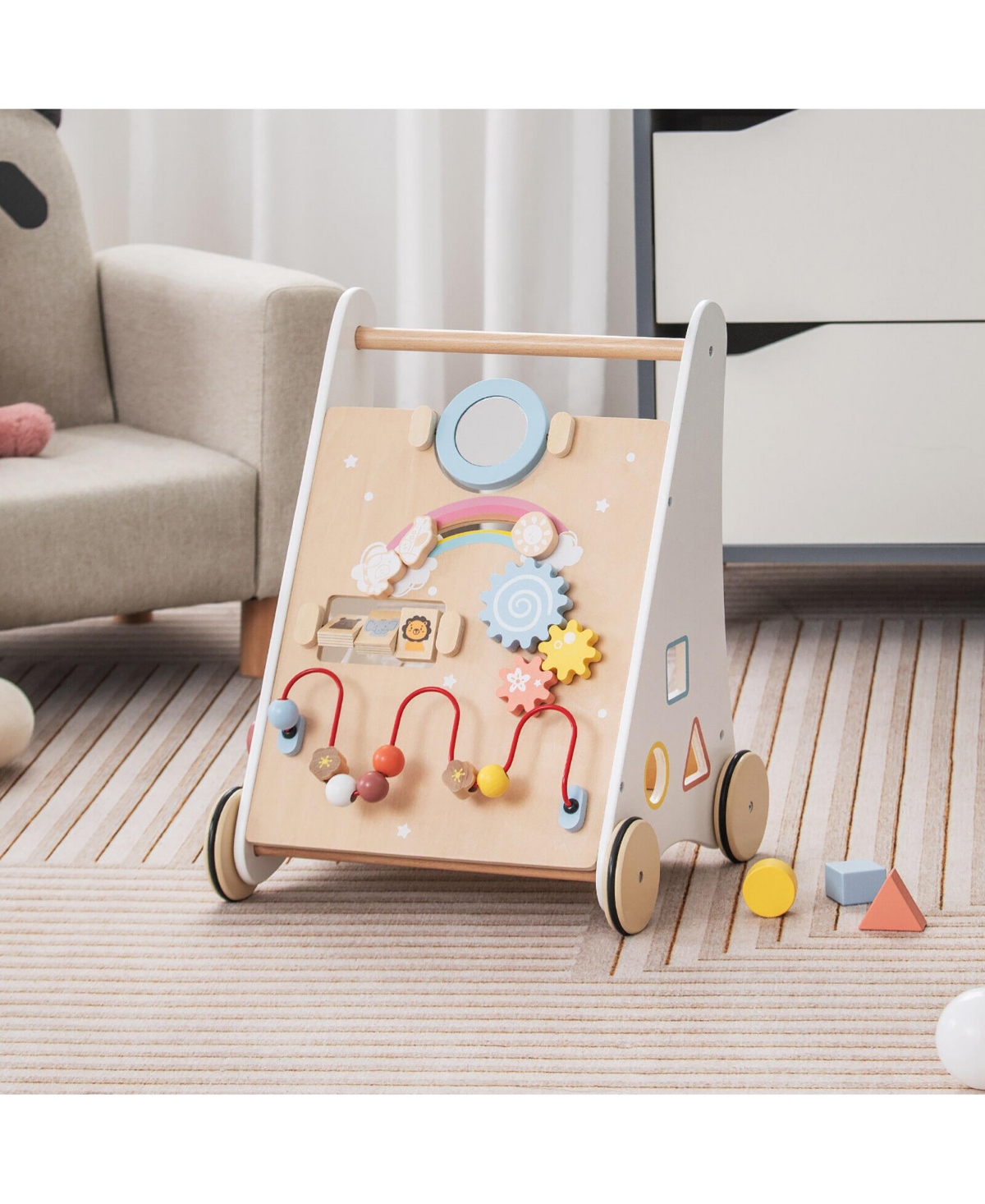 Gymax Toddler Wooden Walker Activity Center with Mirror Shape Sorter for 1+ Year Old