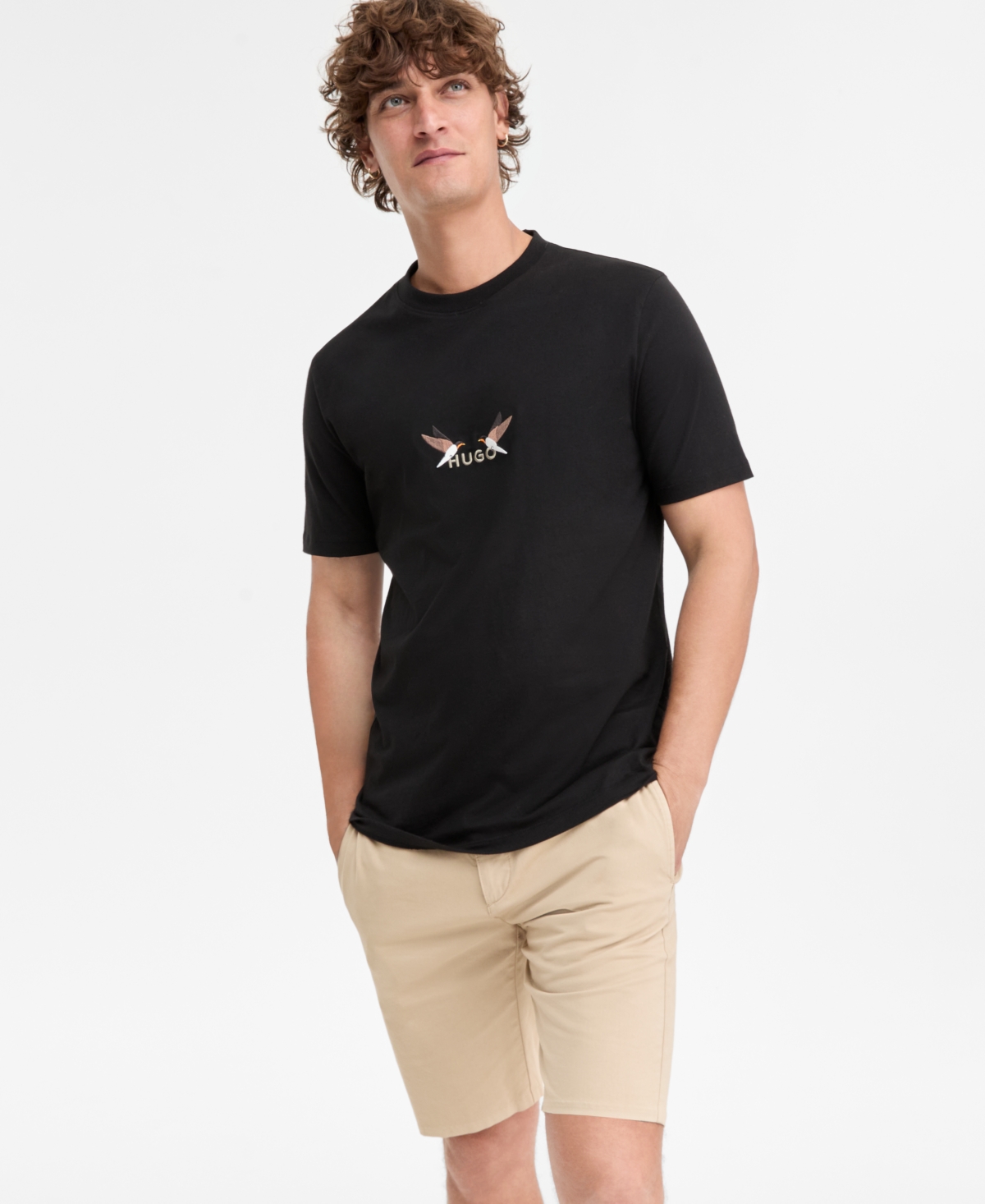 Hugo Boss Men's Dugolini Short-Sleeve Embroidered Logo Birds Cotton T-Shirt