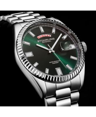 Statesman 4070 Men s Watch – Stainless Steel Bracelet, Green Dial, Day-Date Quartz, 42mm Fluted Bezel