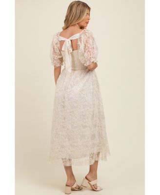 Women's Cream Floral Mesh Overlay Tie Back Maternity Midi Dress