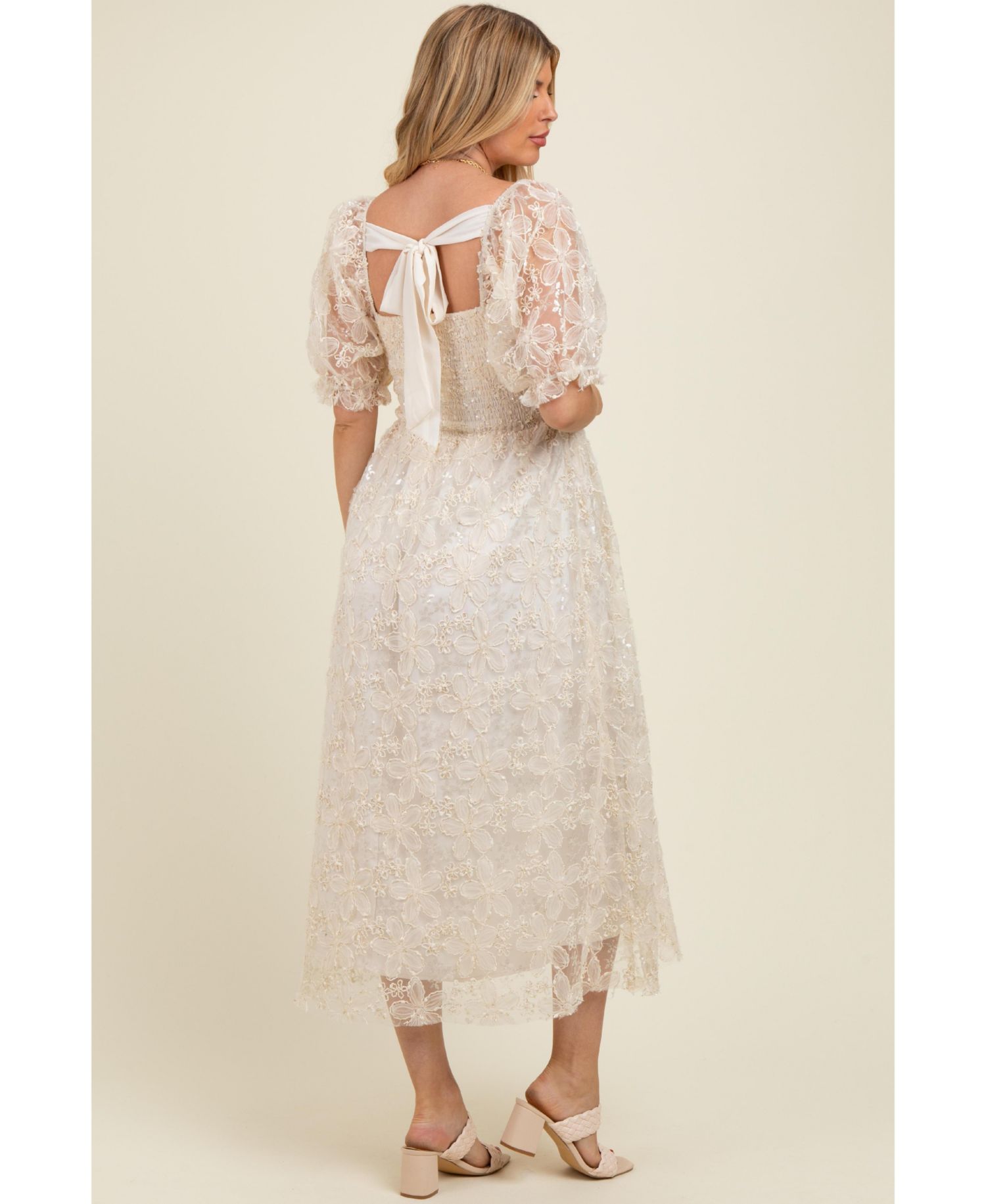 Women's Cream Floral Mesh Overlay Tie Back Midi Dress