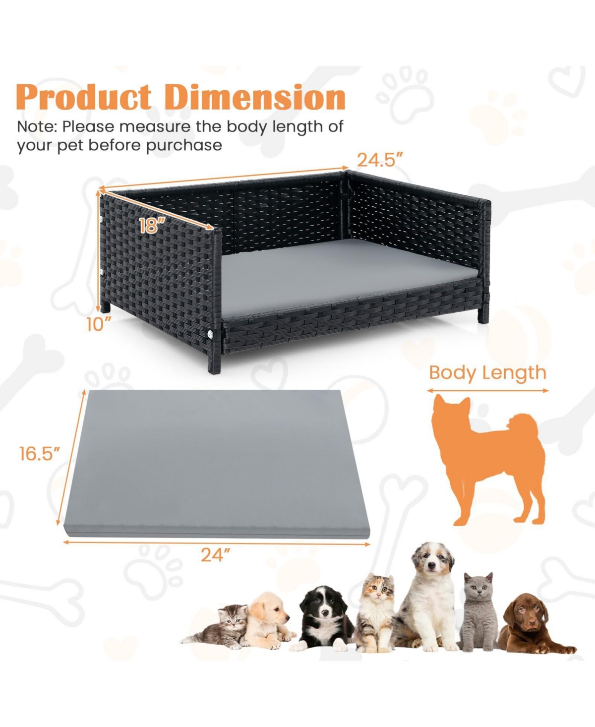 Rattan Dog Bed with Waterproof Soft Cushion for Medium Small Dogs Cats