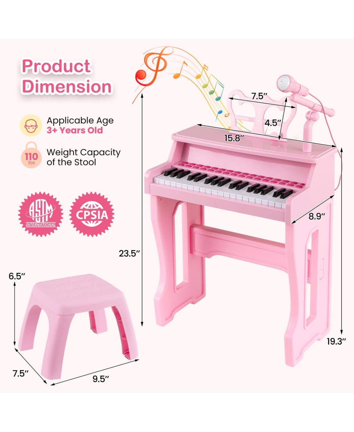 Mecale 37 Keys Music Piano with Microphone Kids Piano Keyboard with Detachable Music Stand