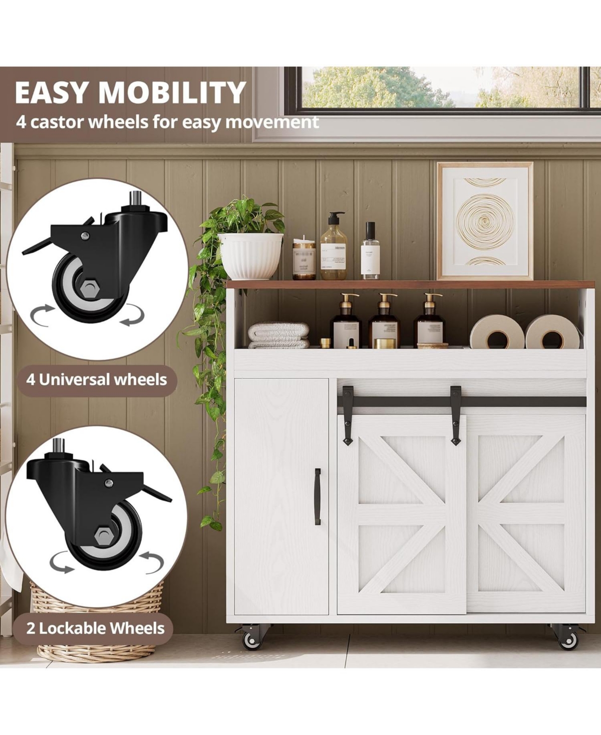 Toilet Paper Cabinet with Rolling Wheels, Paper Holes, White/Walnut