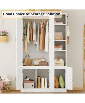 Wooden Wardrobe with 4 Storage Shelves and Hanging Rod