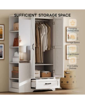 Wooden Wardrobe with Mirror, 2 Doors, Drawer, and Shelves, White