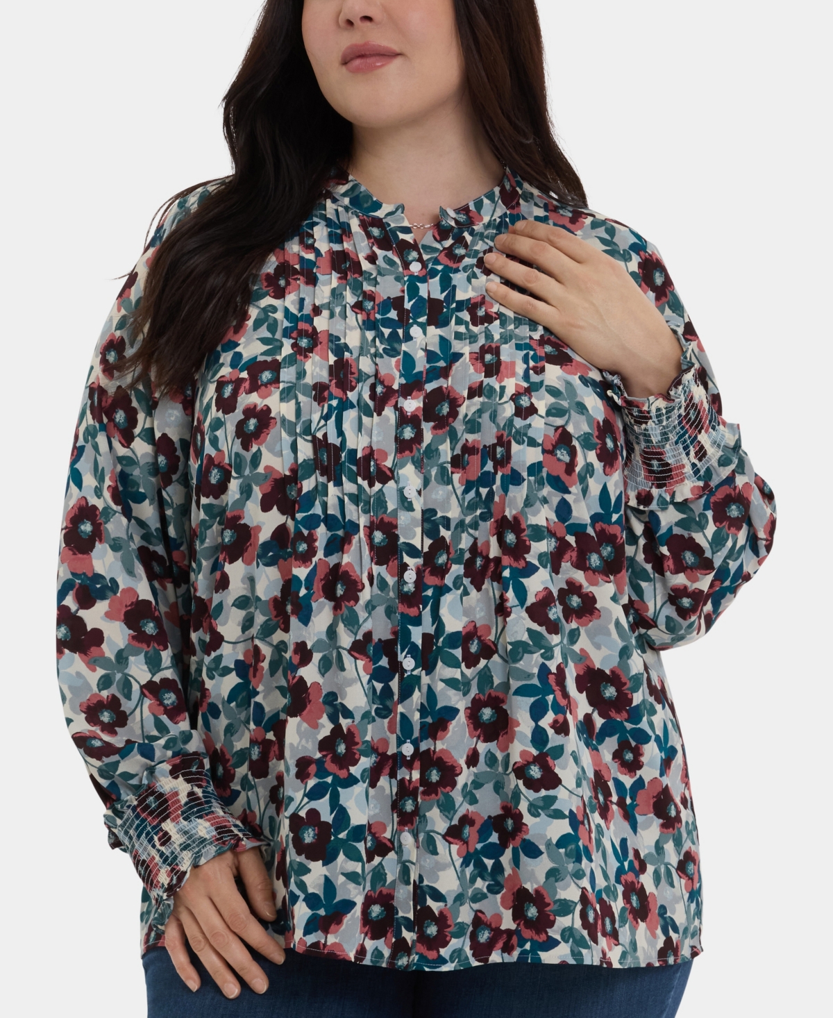 Nydj Plus Size Pleated Peasant Long Sleeve Top In Multi