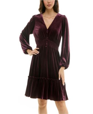 Women's V-Neck Smocked-Waist Long-Sleeve Velvet Dress