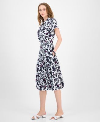 Women's Floral Belted Tiered Shirtdress