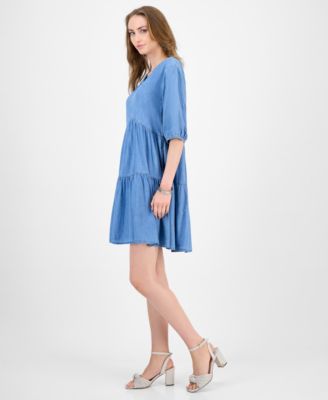 Women's V-Neck Tiered Chambray Dress