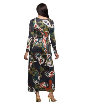 Women's Green Paisley Print Long Sleeve Wrap Maxi Dress