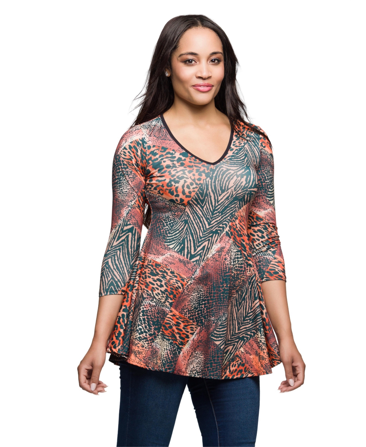 24seven Comfort Apparel Animal Print V-neck Three Quarter Sleeve Tunic Top In Multi