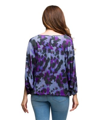 Women's Purple Animal Print Boat Neck Dolman Sleeve Top