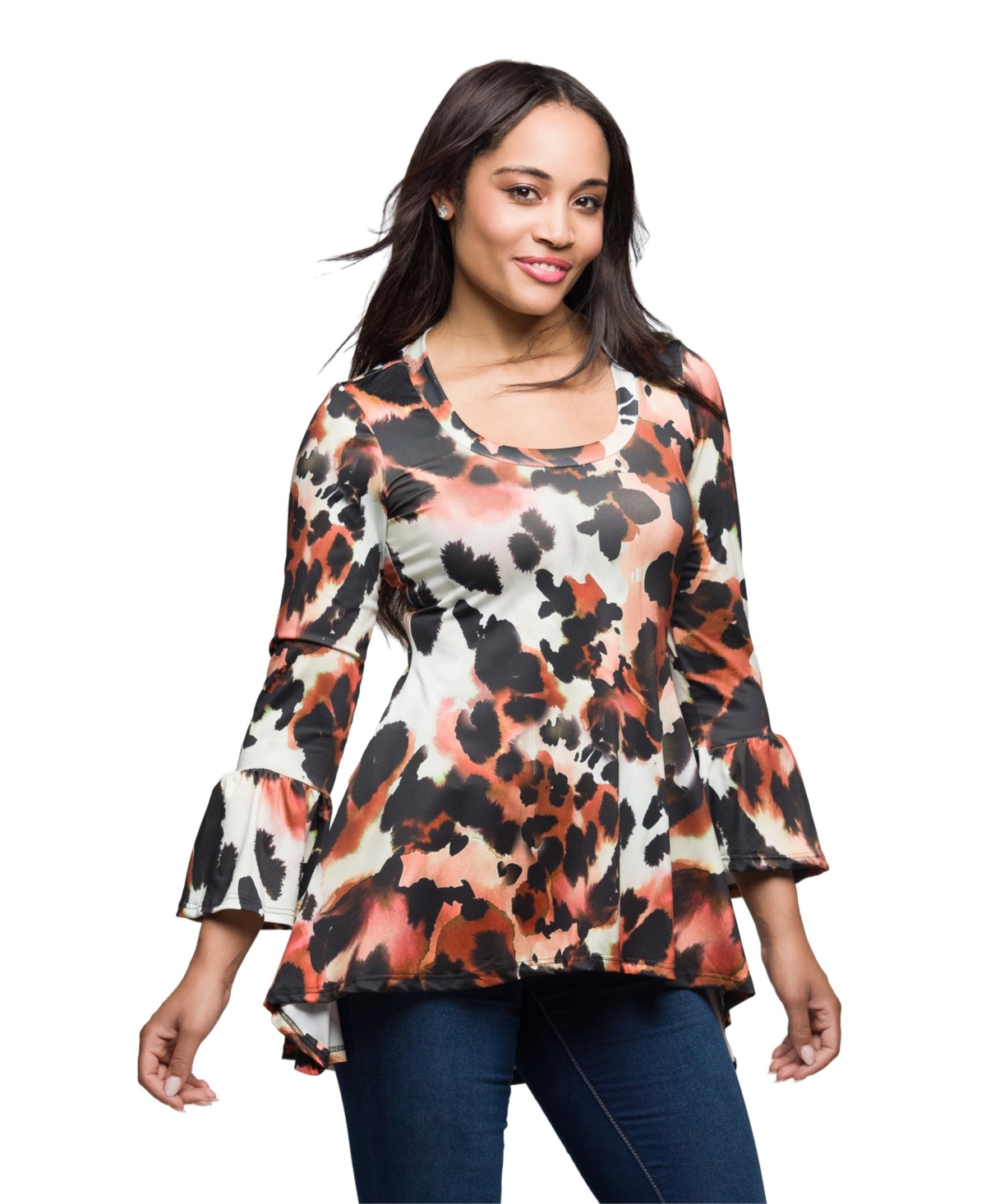 24seven Comfort Apparel Scoop Neck Bell Sleeve Tunic Top Animal Print In Multi
