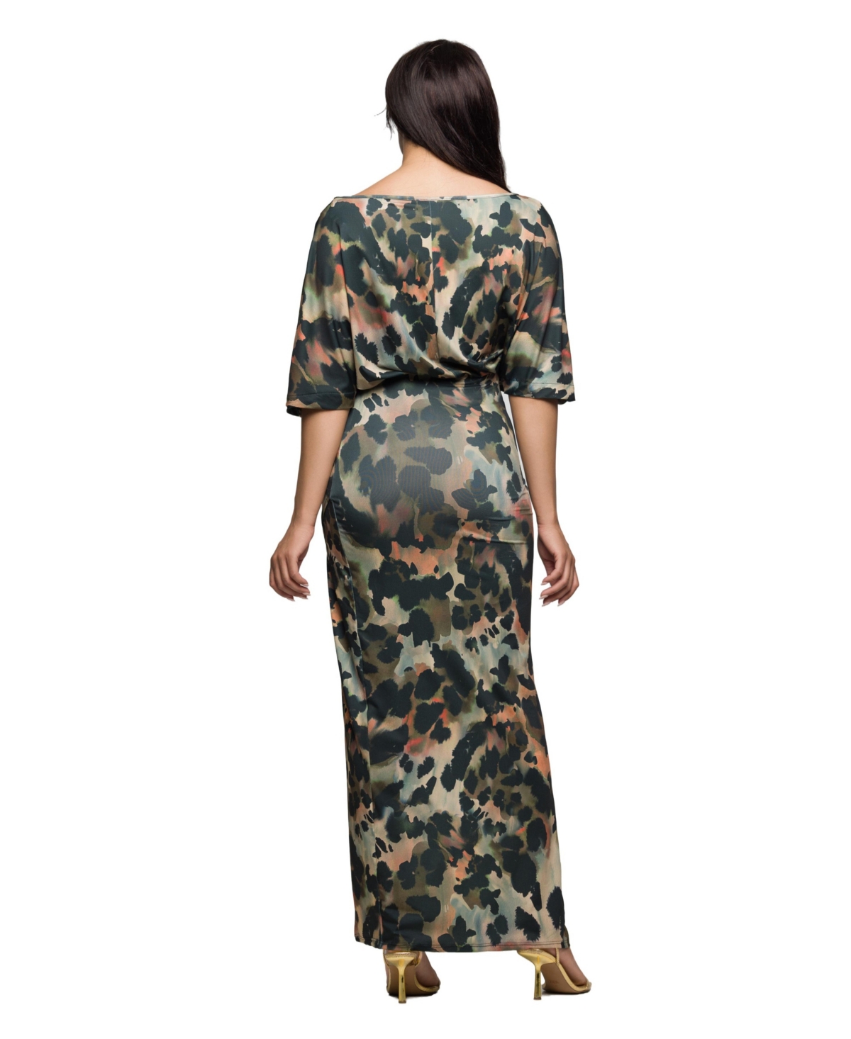 24seven Comfort Apparel Abstract Print Batwing Sleeve Maxi Dress With Slit In Multi