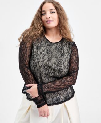 Bar III - Trendy Plus Size Lace Sheer Long-Sleeve Top