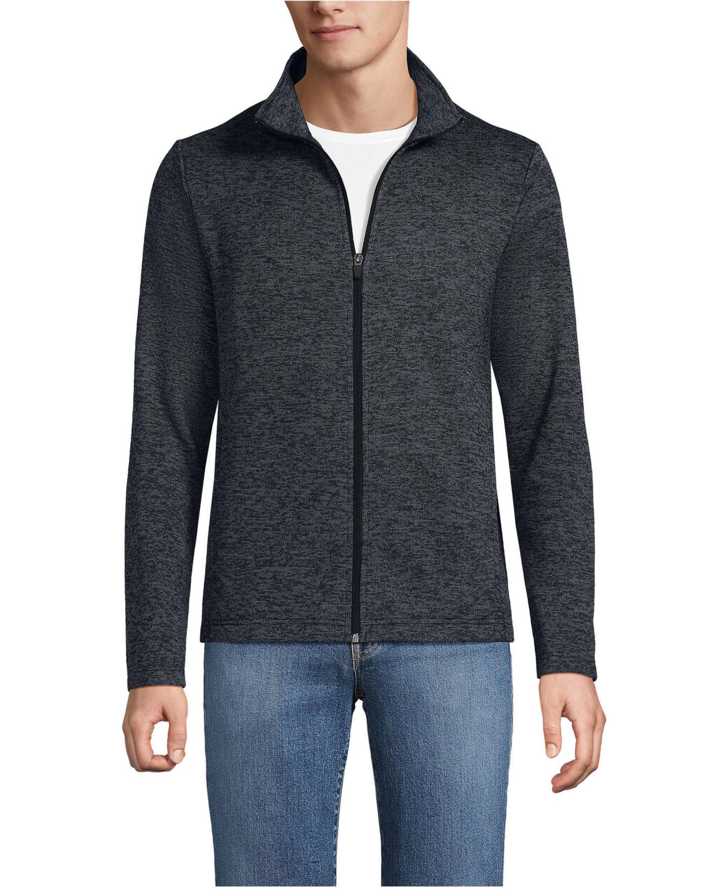 Мужская куртка Lands' End Sweater Fleece Zip Front, цвет: Чёрный меланжевый — фото 1