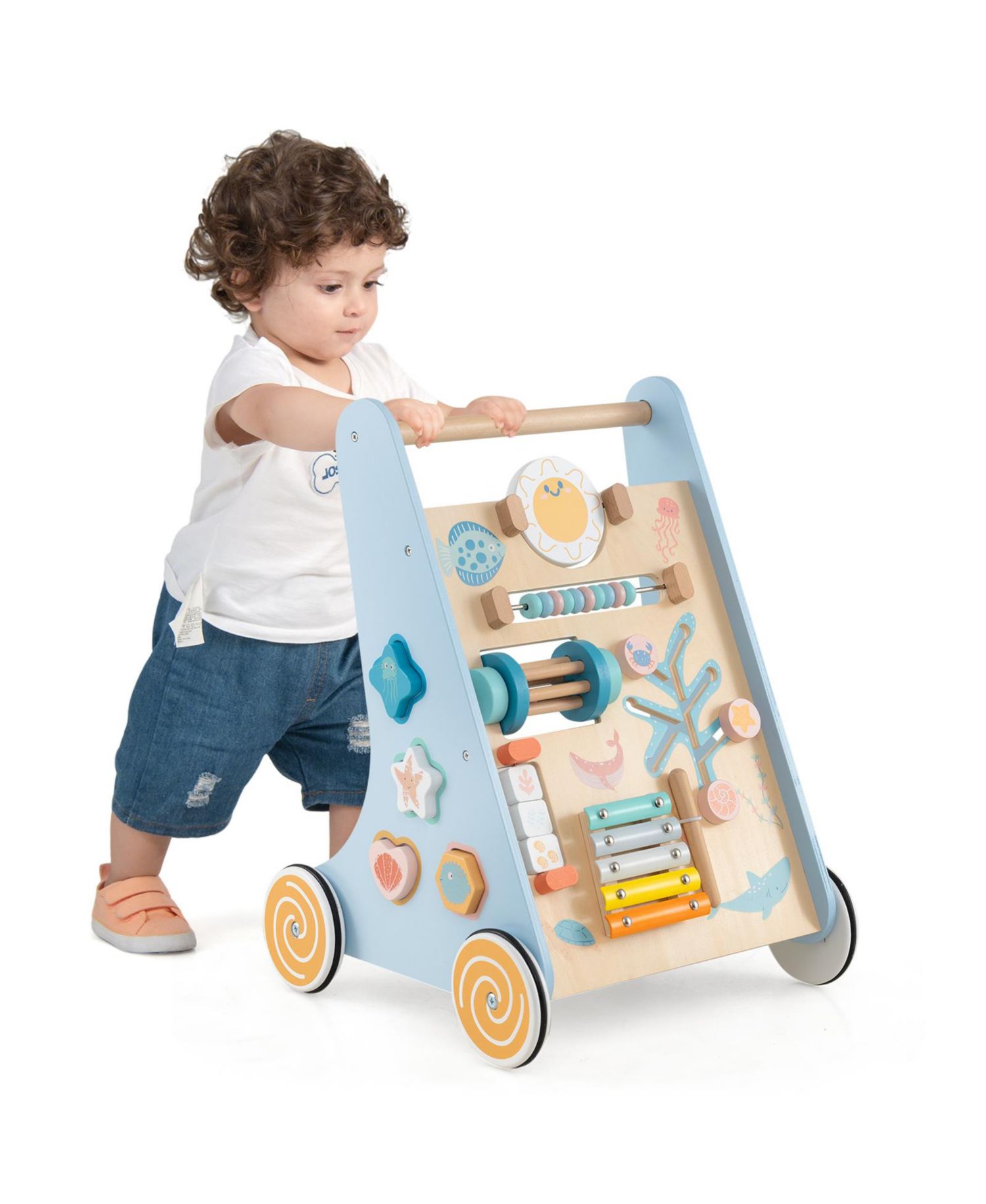 Wooden Baby Walker Sit to Stand Walker w/ Wheels Push and Pull Learning Activity Center
