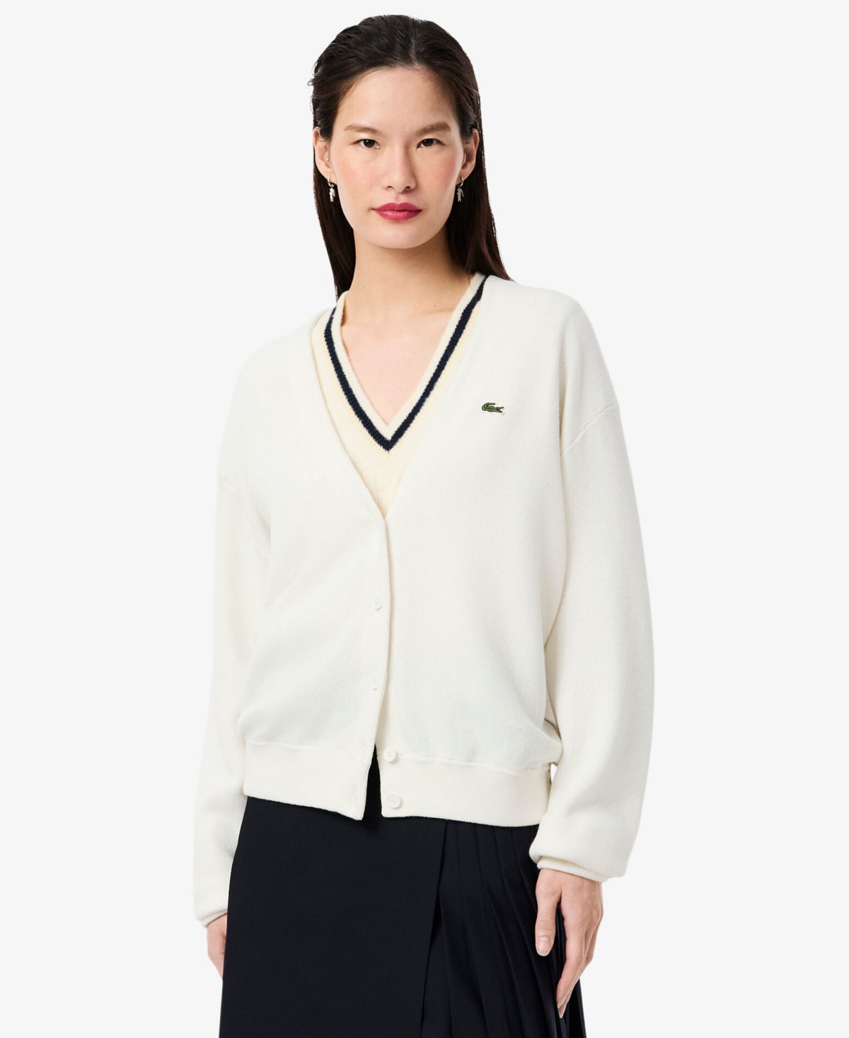 Lacoste Usa Women's V-neck Cardigan Sweater In White