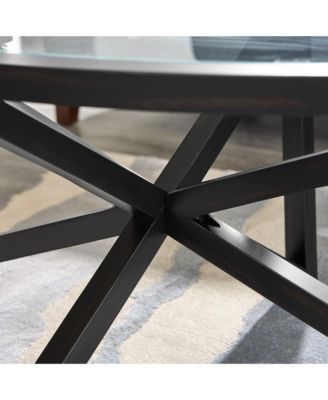 Modern Round Glass Coffee Table, Tempered Glass Top, Solid Wood Base, Transparent, for Living Room, Patio, or Office