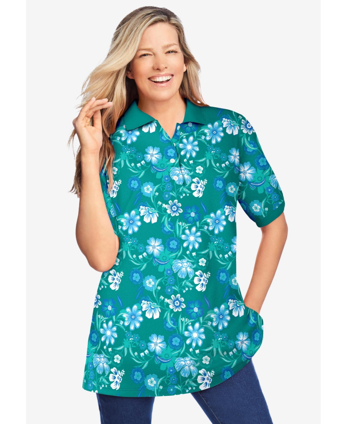 Woman Within Plus Elbow-Sleeve Polo Tunic