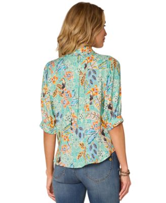 Women's Petite Printed Ruffle Edge Collar Top