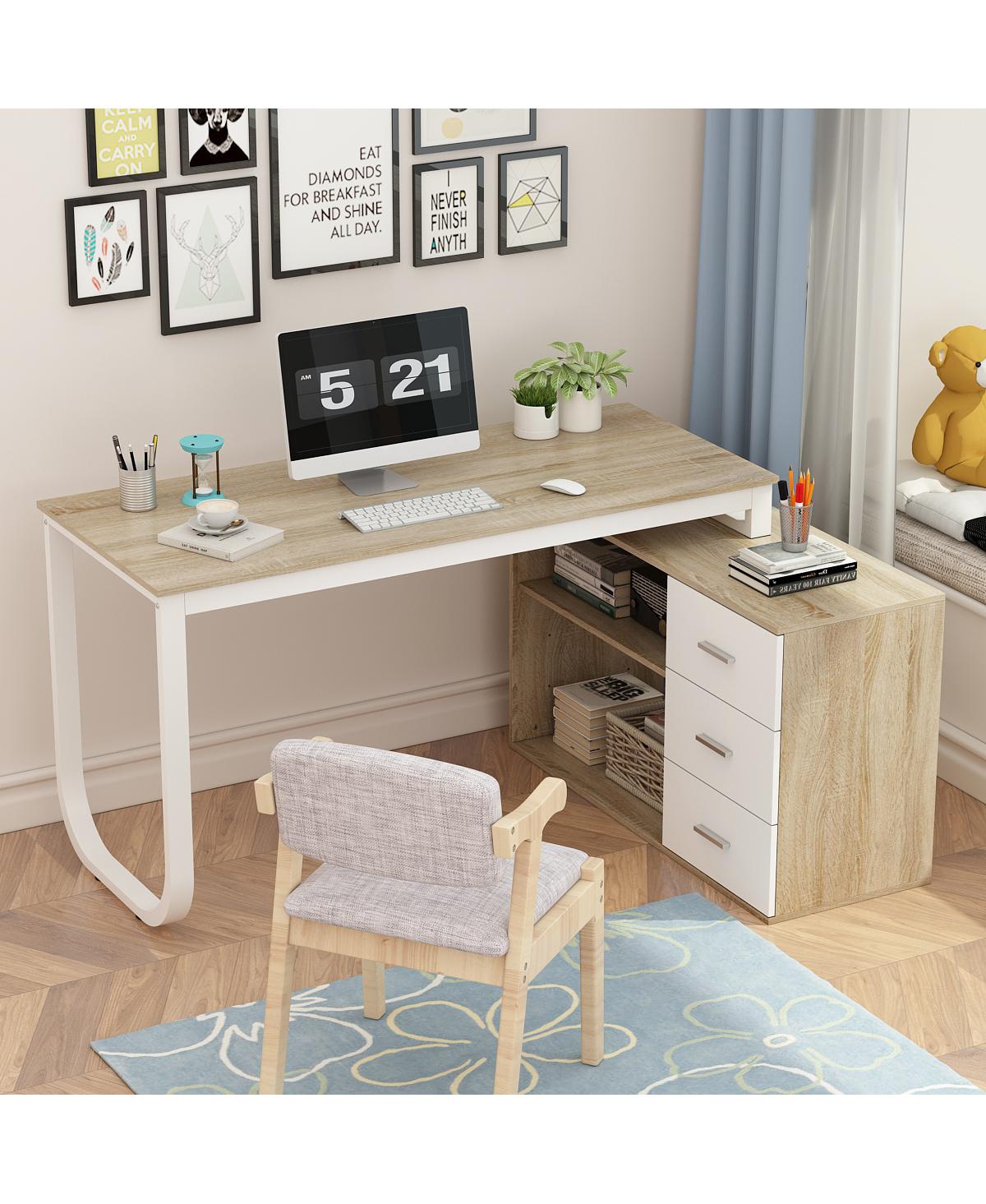 Famapy 55.1 in. L-Shaped Brown Wood Computer Desk Writing Office Executive W/Removable Tabletop, Shelves, 3-Drawers
