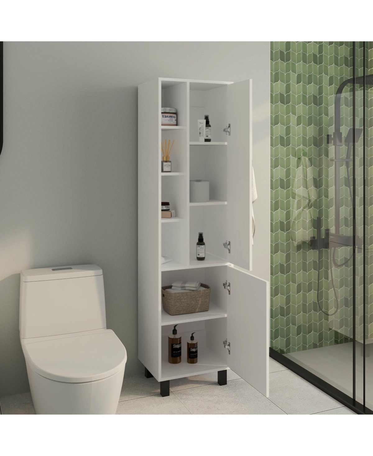 Depot E-Shop Nicut Storage Cabinet, 2 Doors, 9 Shelves, 4 Legs, White
