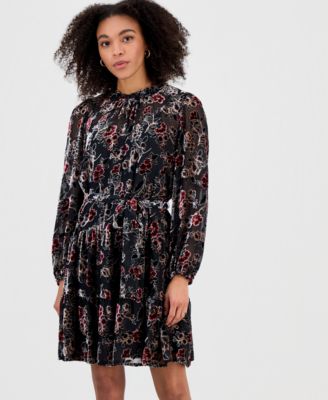 Women's Floral Tie-Waist Long-Sleeve Mini Dress