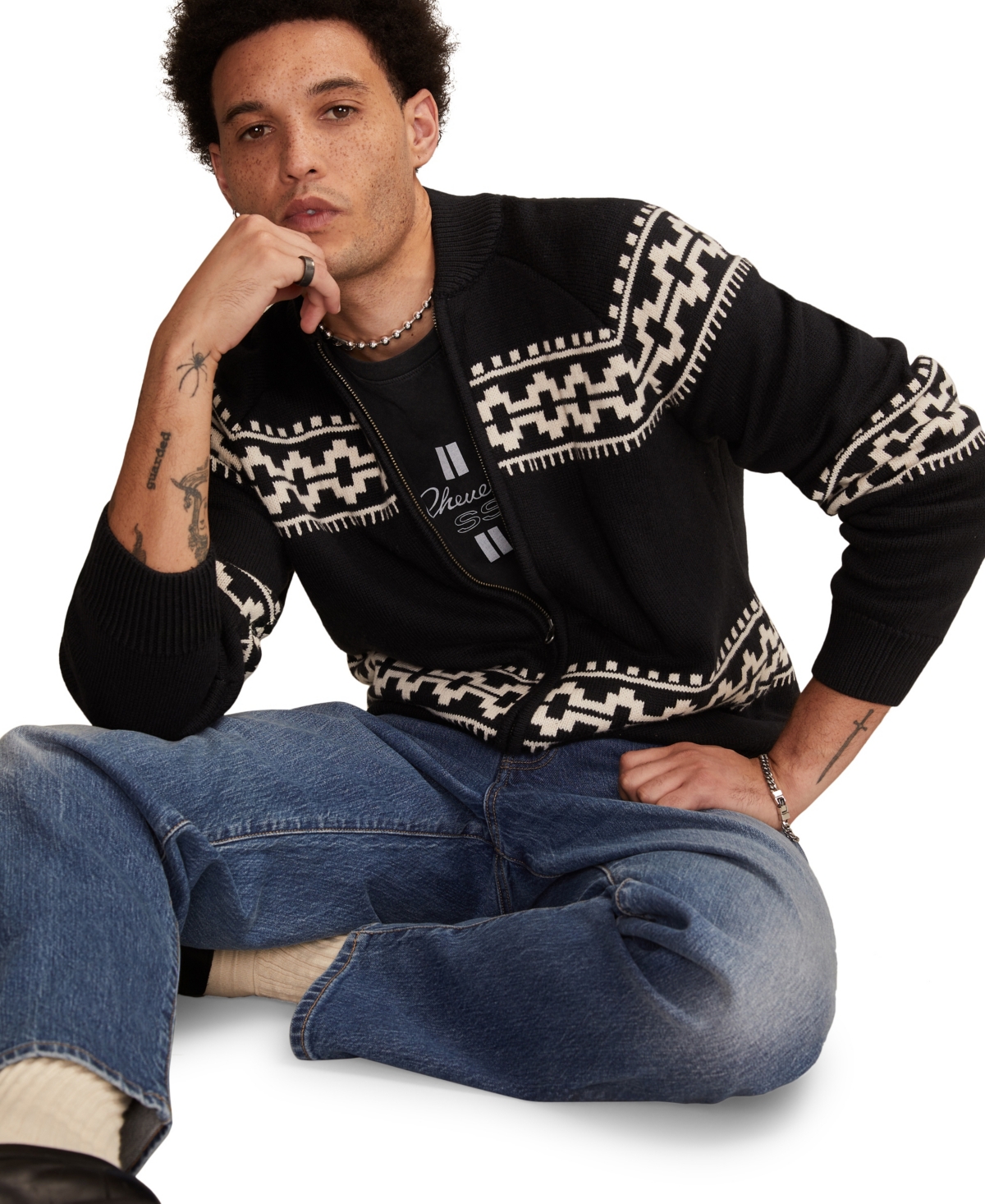 Lucky Brand Bull Front Zip Cardigan In Black