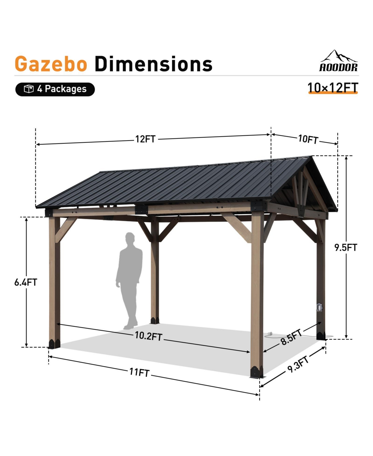 Aoodor 10 x 12 ft Wooden Frame Gazebo with Galvanized Metal Hardtop Roof, Outdoor Patio Gazebo with Charging Socket for Patio