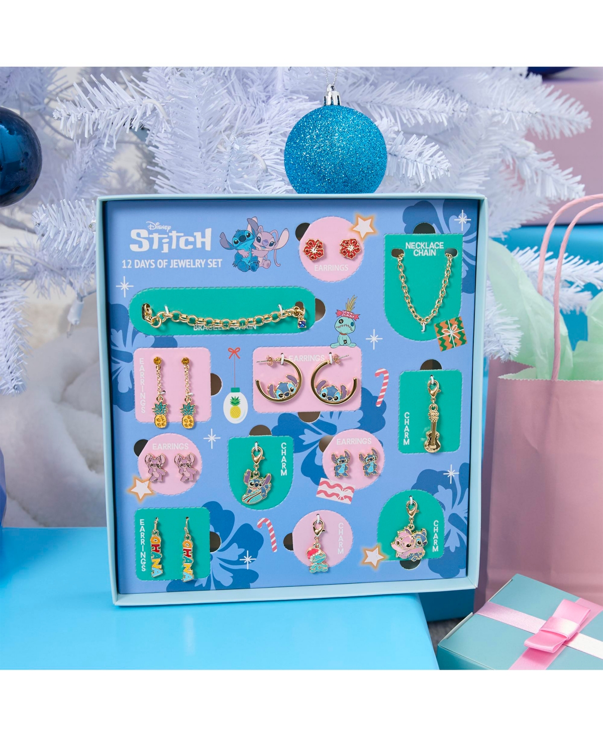 Disney Stitch Jewelry Advent Gift Set: Earrings, Necklace, Bracelet & Charms Mix & Match Christmas Calendar Box Collection
