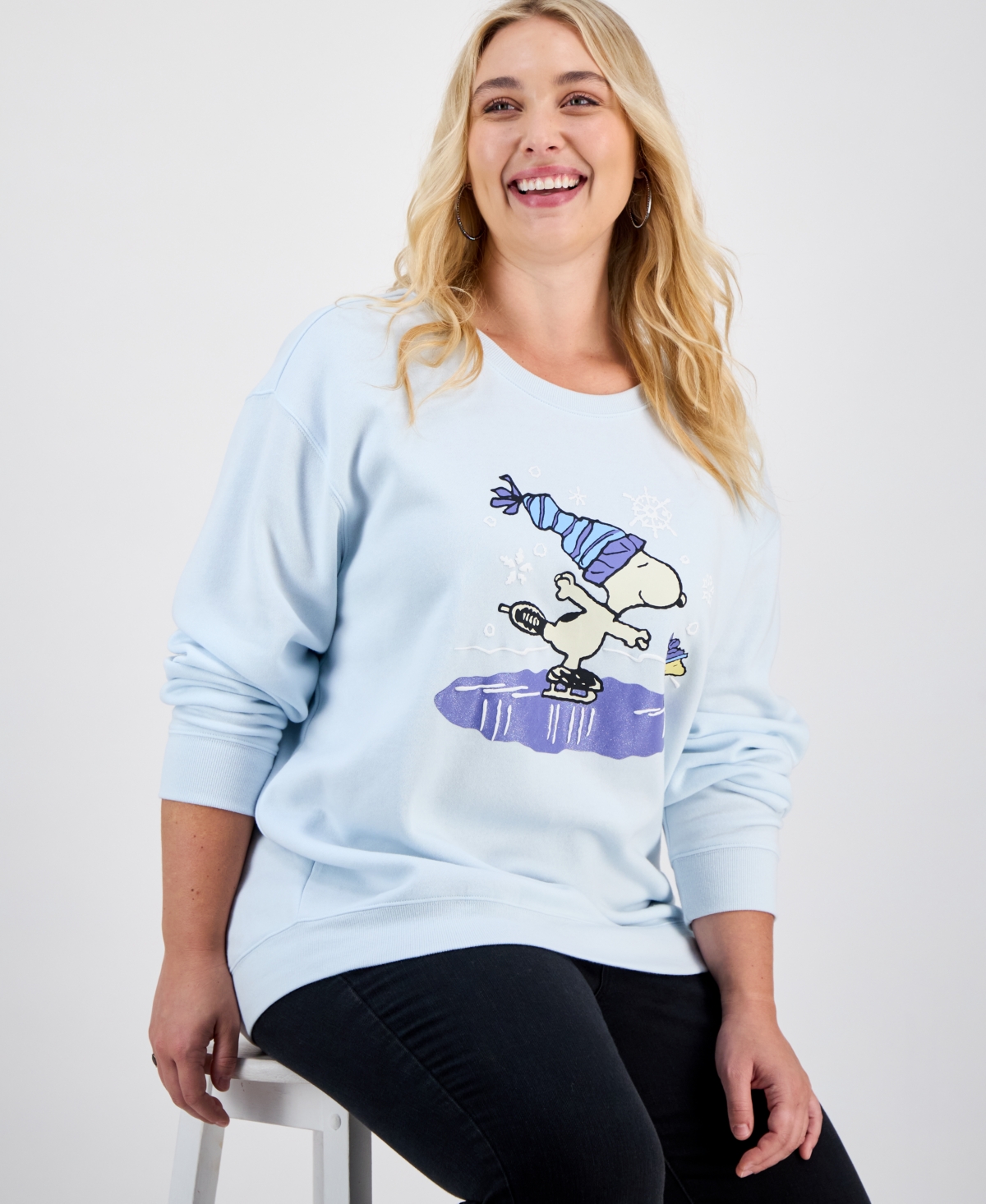 Love Tribe Trendy Plus Size Skating Snoopy Glitter Graphic Sweatshirt In Blue
