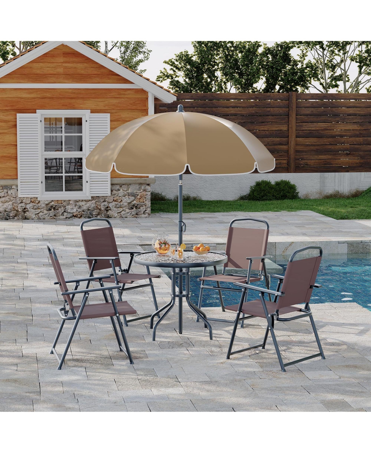 6 Pieces Patio Dining Set with Umbrella, Outdoor Furniture 4 Folding Chairs, Garden Umbrellas, Tempered Glass