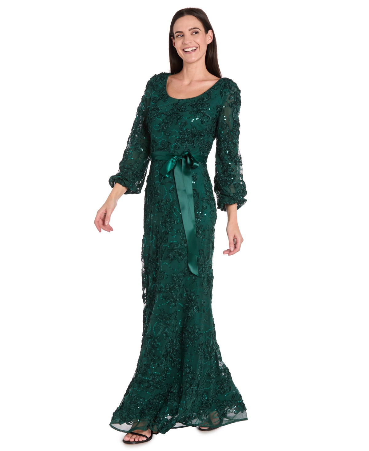 R & M Richards Petite Long Scoop Neck Lace Dress In Green