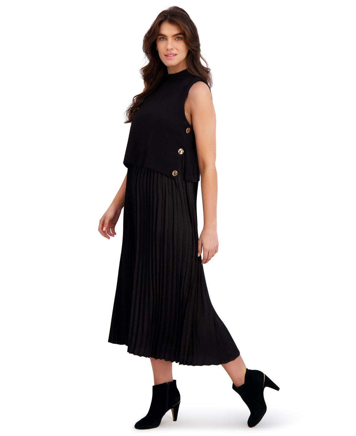 London Times Button Pleated Skirt A-line Dress In Black