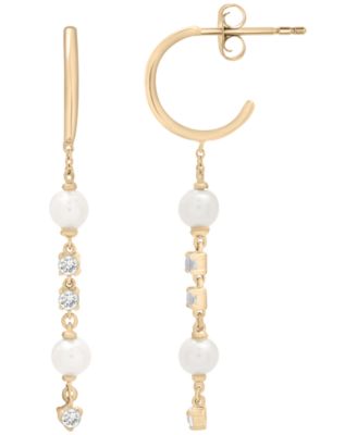 Macy's - Cultured Freshwater Pearl (4mm) and Lab Grown White Sapphire (1/3 ct. t.w.) Drop Earrings in 14k Yellow Gold Over Sterling Silver