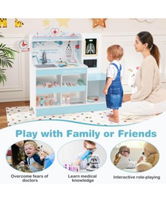 Wooden Doctor Play Set with Clock Sink Eye Chart ECG Monitor Exam Area Storage