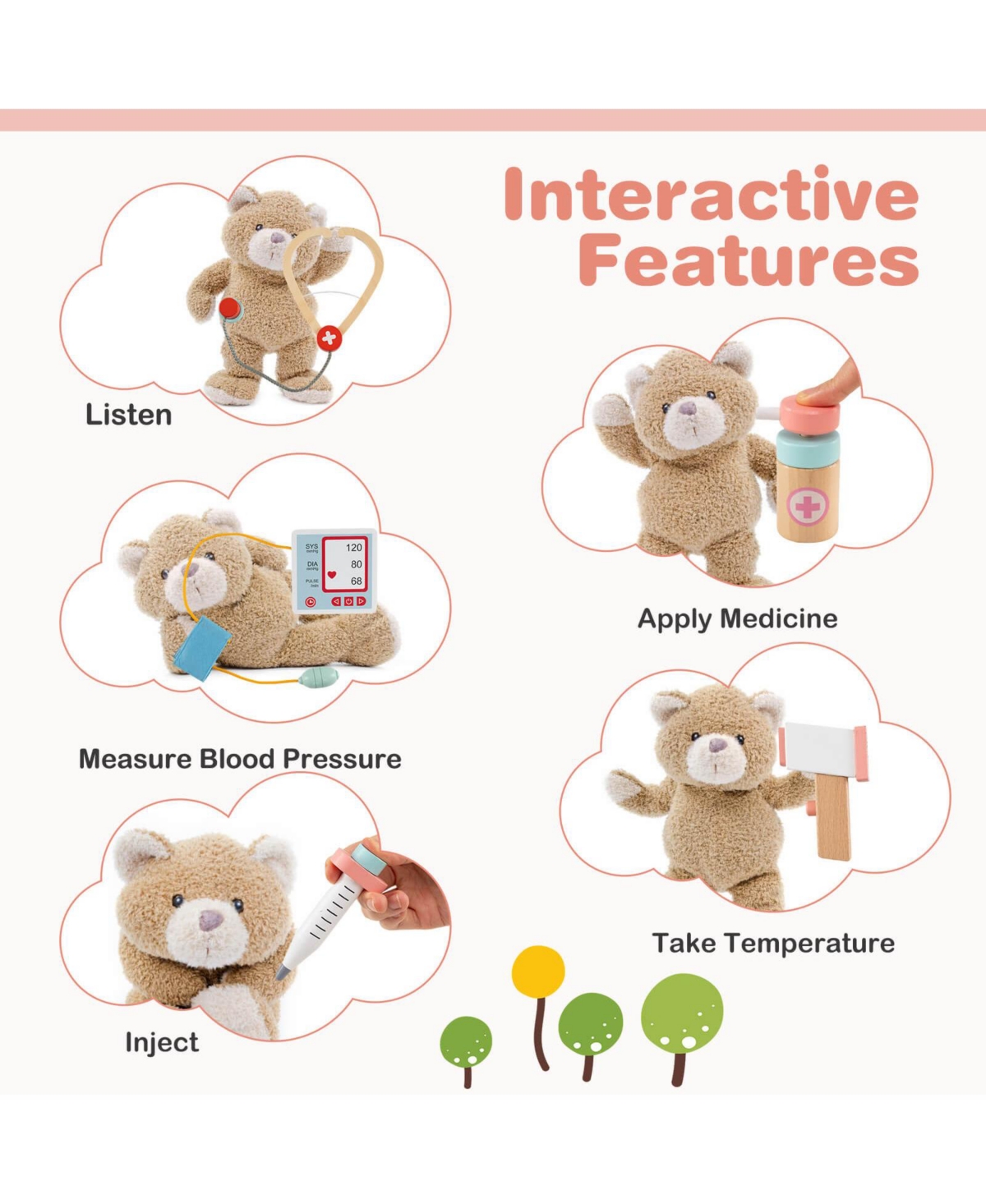 Wooden Doctor Play Set with Clock Sink Eye Chart Ecg Monitor Exam Area Storage