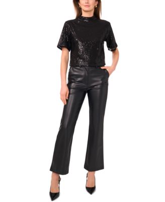 Women's Sequin Mock Neck Short-Sleeve Top