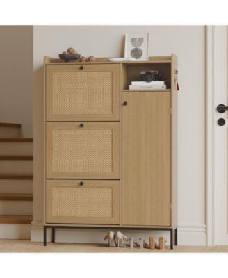 Shoe Cabinet with 3 Flip Drawers, Rattan Freestanding Organizer with Adjustable Shelves 35.43&amp;#x22;x9.4&amp;#x22;x51.97&amp;#x22;