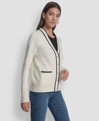 Women's Long Sleeve Tipped V-Neck Cardigan Sweater
