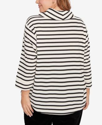 Plus Size Striped 3/4 Sleeve Cowl Neck Top