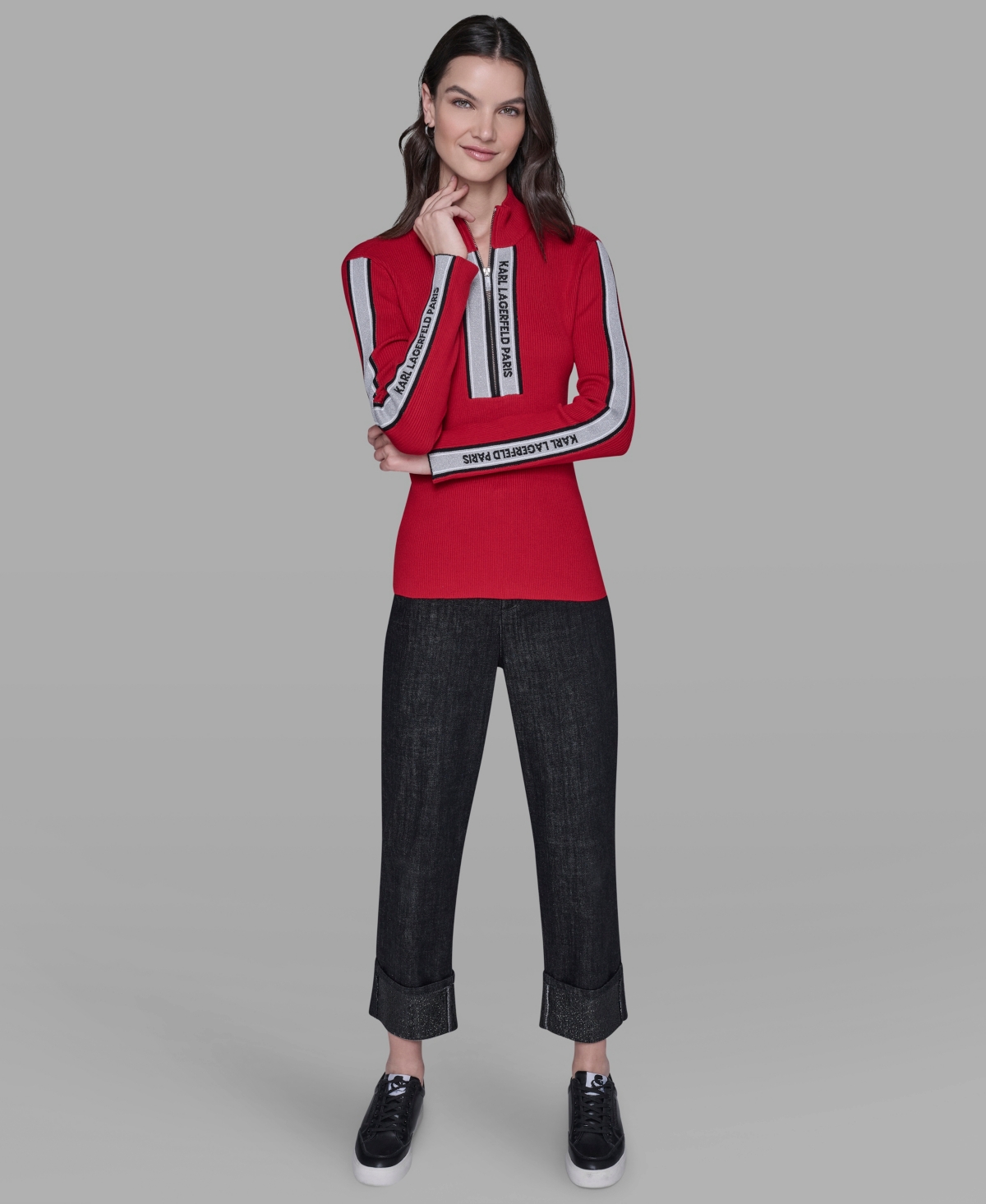 Karl Lagerfeld Paris Women's Logo Tape Zip-Up Sweater