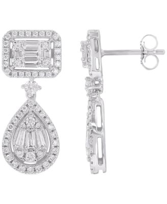 Macy's - Diamond Round & Baguette Drop Earrings (1-1/2 ct. t.w.) in 14K White Gold