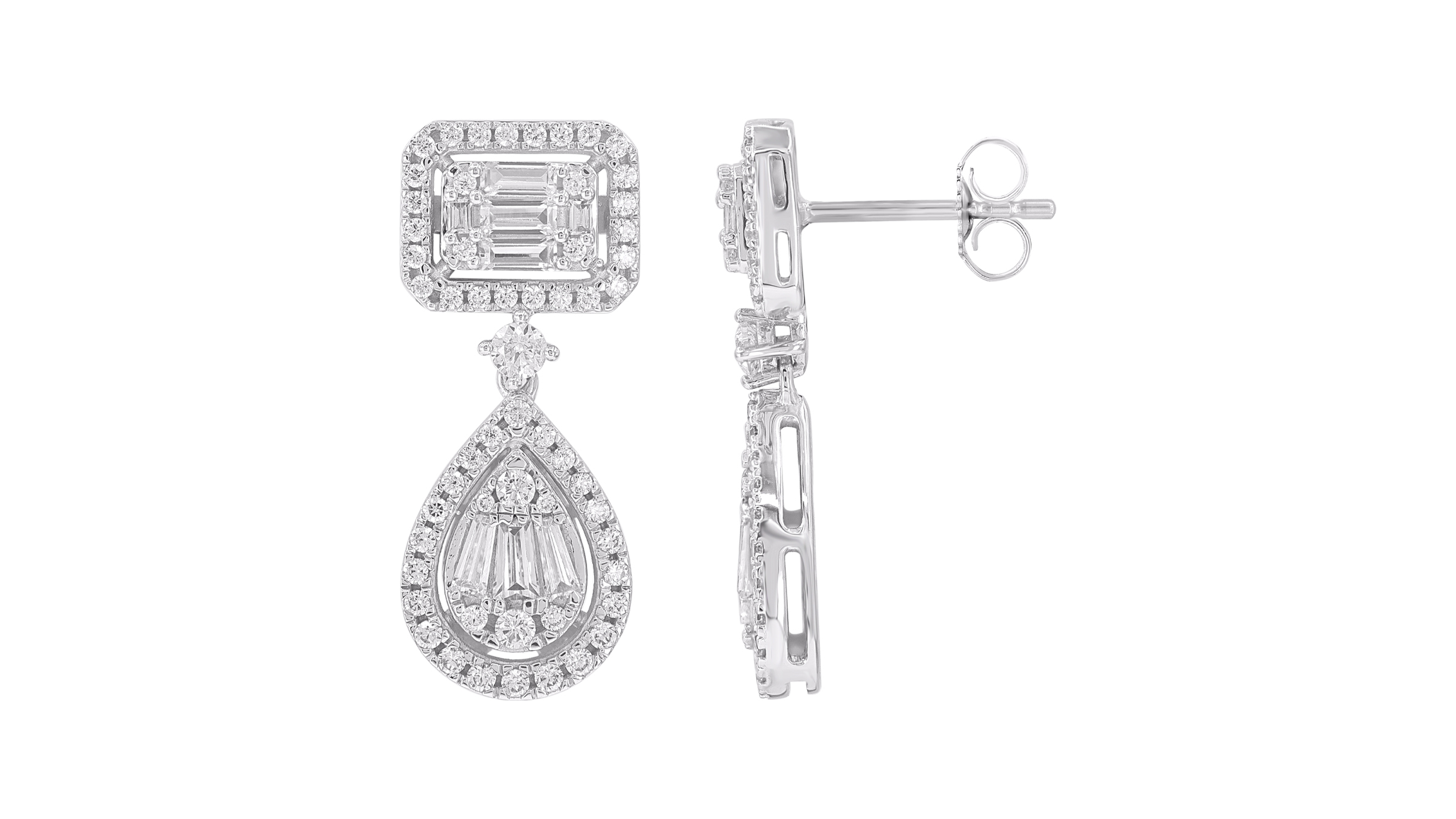 Macy's Round (0.88 ct. t.w.) and Baguette (0.62 ct. t.w.) Diamond Drop Earrings in 14K White Gold