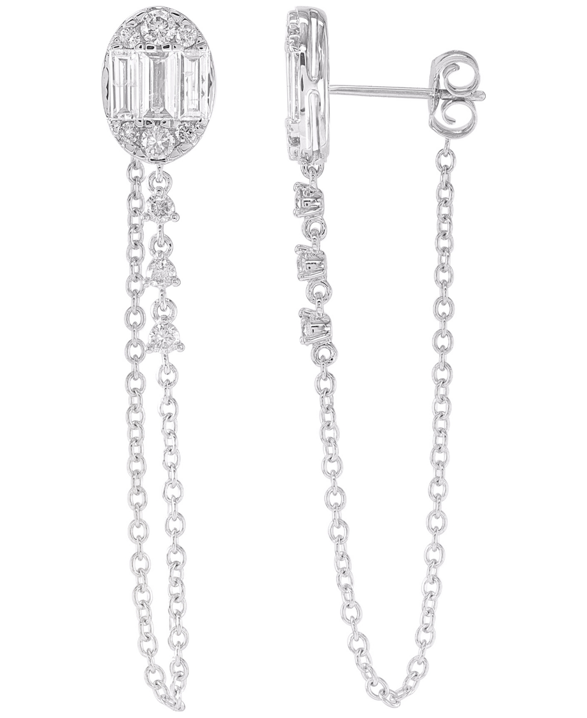 Macy's Round (0.48 Ct. T.w.) And Baguette (0.53 Ct. T.w.) Diamond Drop Earrings In 14k White Gold In Metallic