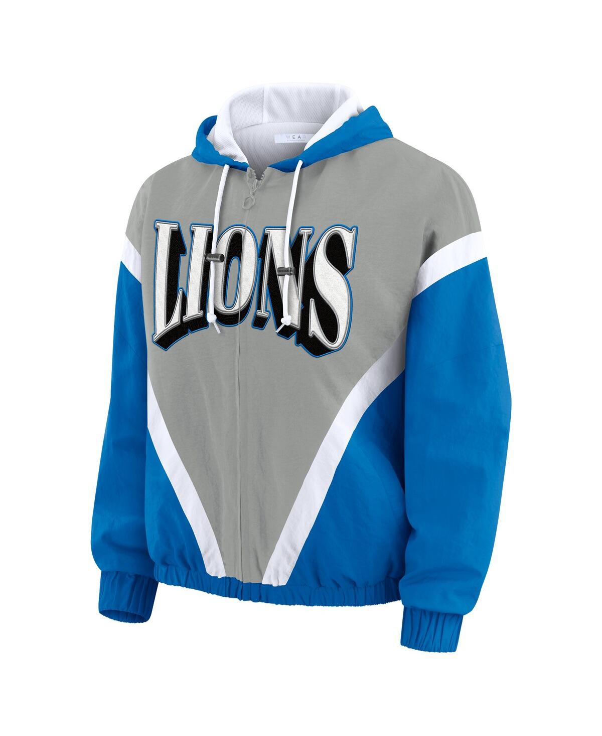 Wear By Erin Andrews Women's Blue/silver Detroit Lions Retro Crinkle Full-zip Hoodie Windbreaker Jacket In Multi